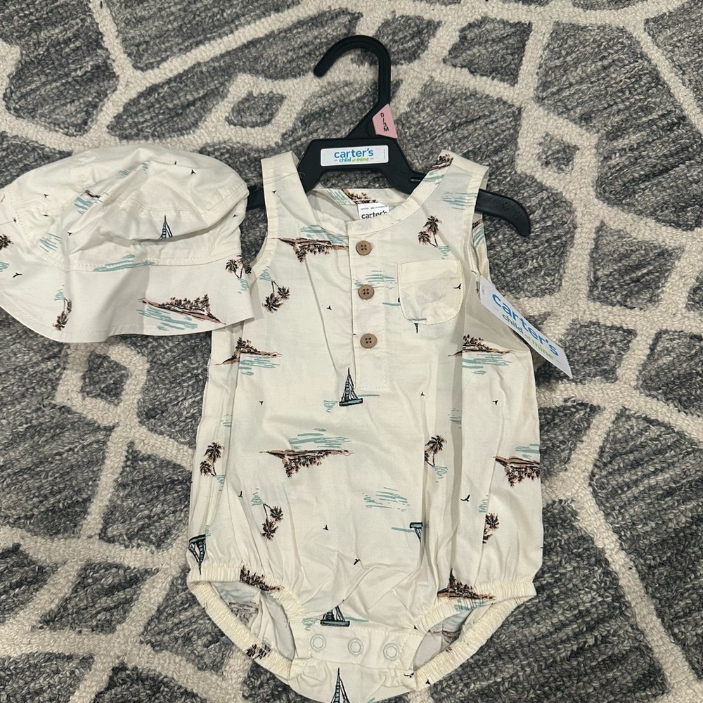 Carter's Cream Nautical Print Baby One-Piece with Hat
